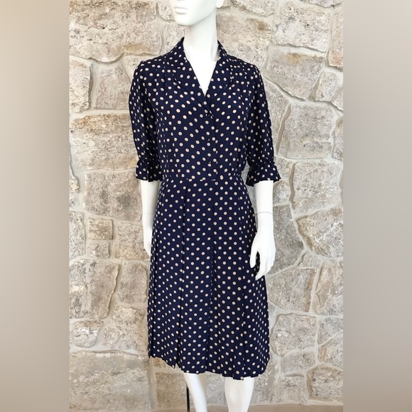 Timeless Vintage 1960s Blue Polka Dot Shirt Dress with Pleated Skirt Classic - Picture 7 of 16